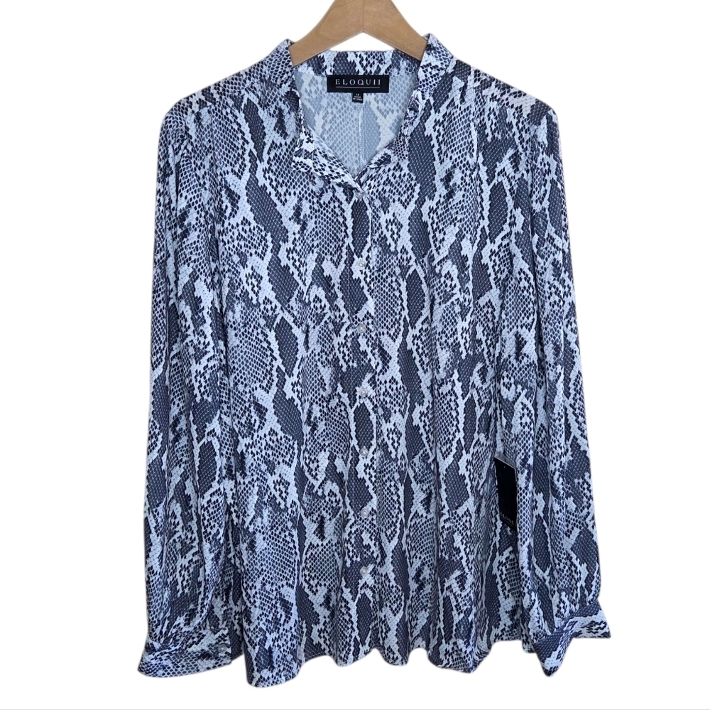 NWT Eloquii Black White Gray Snakeskin Print Long Sleeve Button Front Blouse